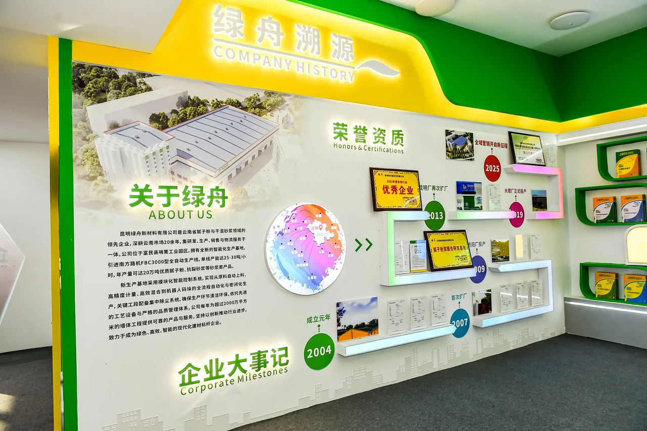 绿舟企业展厅内景,墙面上展示着企业大事记与荣誉