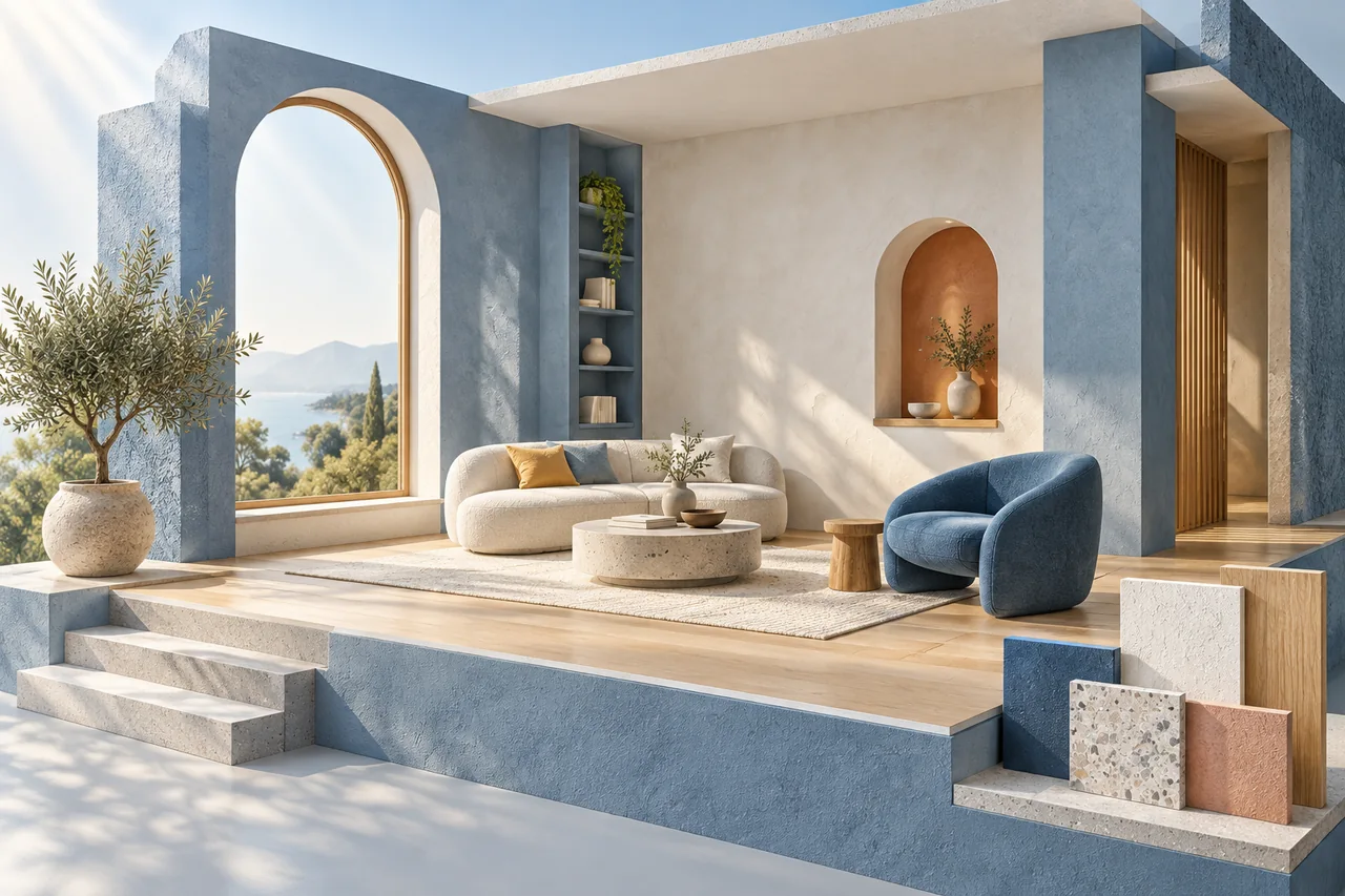 蓝色调新房客厅与墙面饰面样板